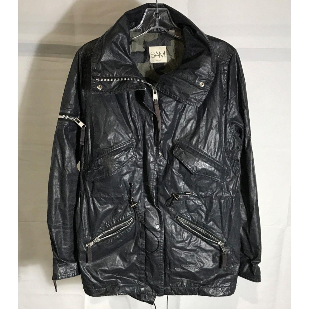 SAM New York Utility Jacket Womens S Black Good Coated Camo Lining Zip Cargo